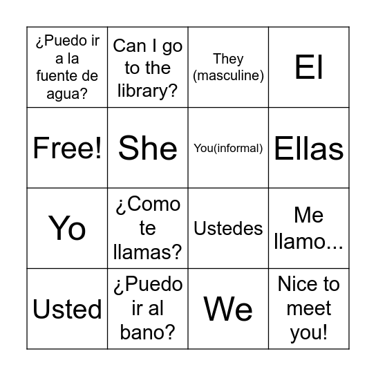 Spanish Basics Bingo Card