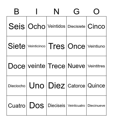 Numeros Hasta 25 Bingo Card
