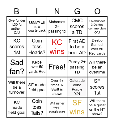 Super Bowl Bingo Card