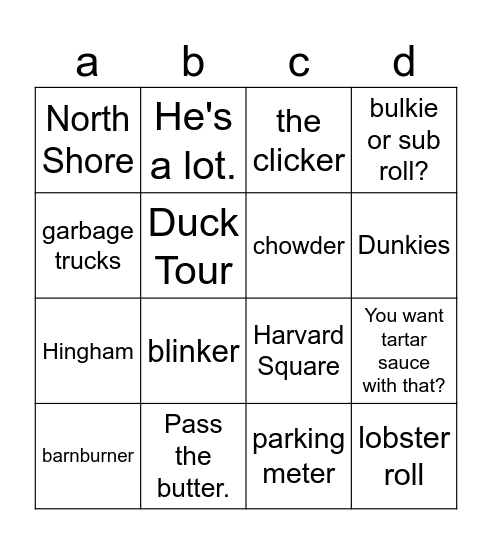 Are You From Boston? Prove it. Bingo Card