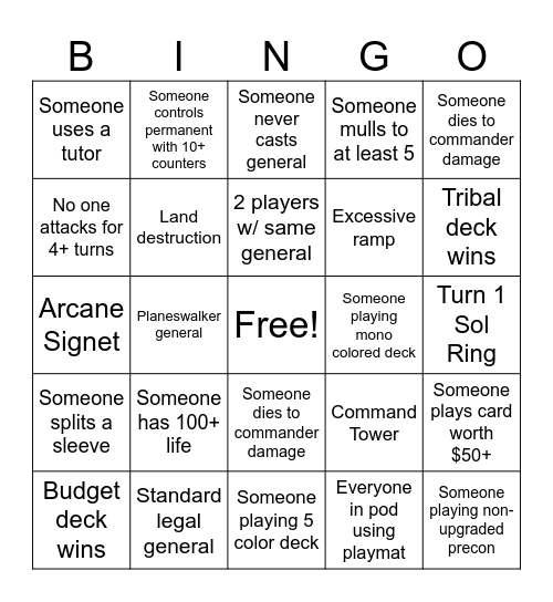 Commander Bingo Card