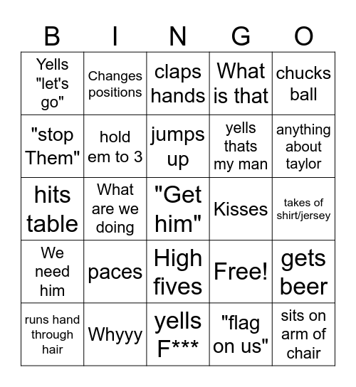 Game day Bingo Card