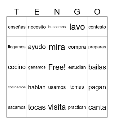 Regular -ar verbs Bingo Card