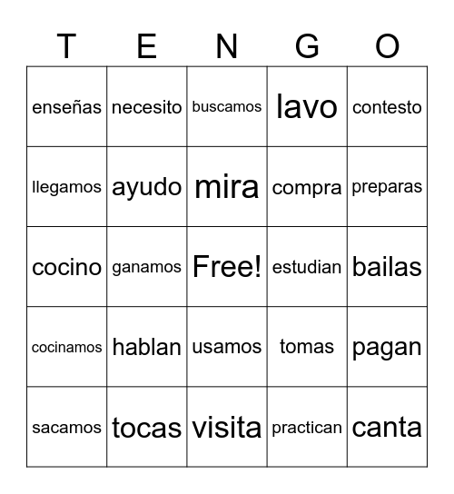 Regular -ar verbs Bingo Card