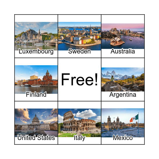 Countries Bingo Card