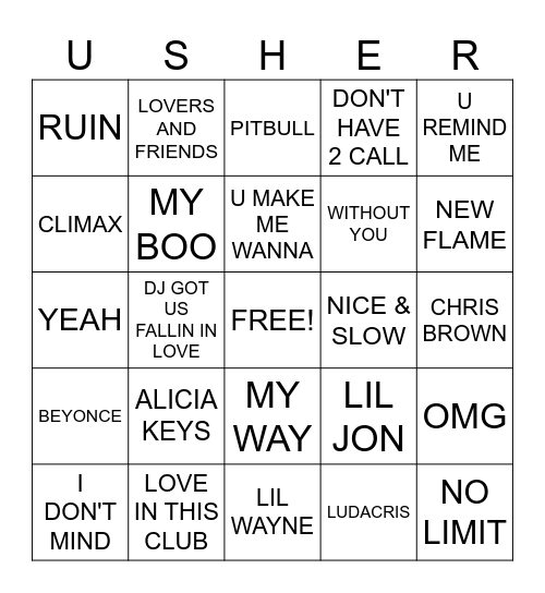 Usher Halftime Show Bingo Card