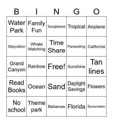 SPRING BREAK/VACATION PRUGO Bingo Card