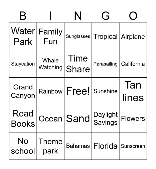 SPRING BREAK/VACATION PRUGO Bingo Card