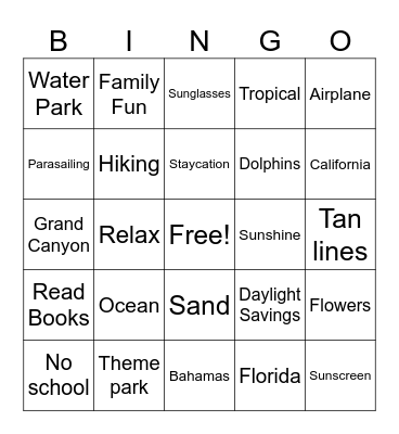 SPRING BREAK/VACATION PRUGO Bingo Card