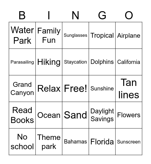 SPRING BREAK/VACATION PRUGO Bingo Card