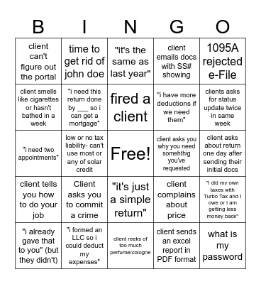 Tax Season Bingo Card