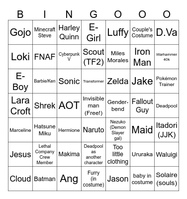 Cosplayer Bingo Card