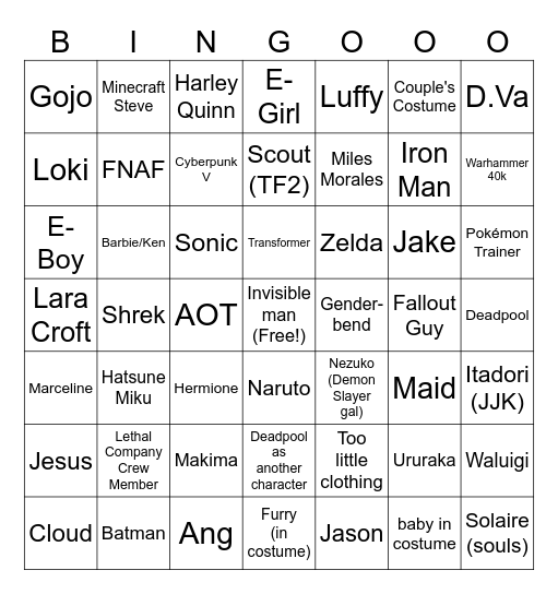 Cosplayer Bingo Card