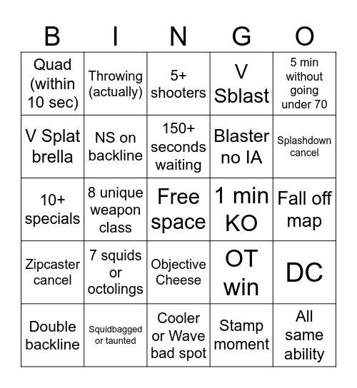 Splatoon 3 Anarchy Open Bingo Card