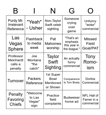 Super Bowl Bingo Card