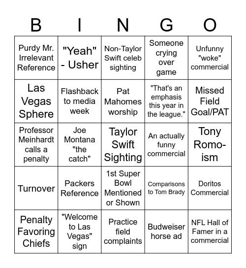 Super Bowl Bingo Card