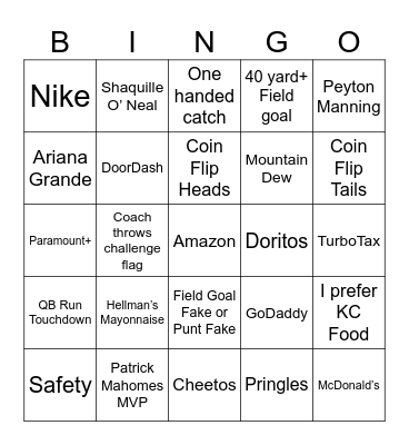 Super Bowl Bingo Card