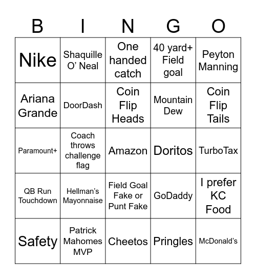 Super Bowl Bingo Card