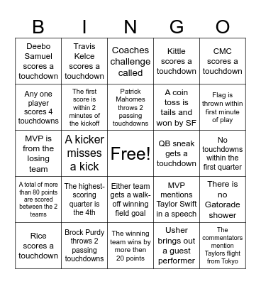 Superbowl Bingo Card