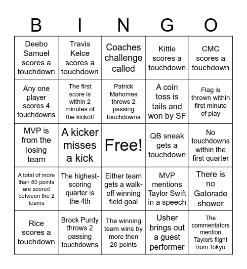 Superbowl Bingo Card