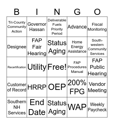 Fuel Assistance Bingo Card