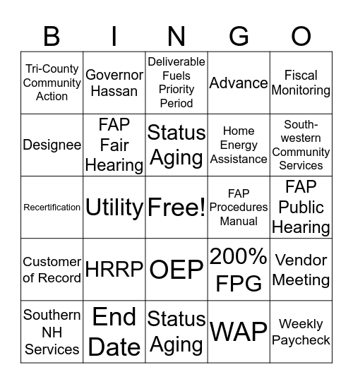 Fuel Assistance Bingo Card