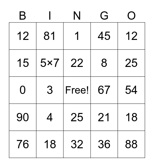 Multiplication Bingo Card