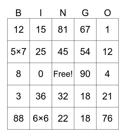 Multiplication Bingo Card