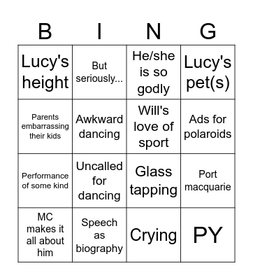 Lucy & Will's wedding Bingo Card