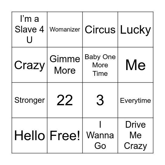 Britney Spears Bingo Card