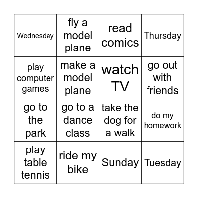 Free time activities and days Bingo Card