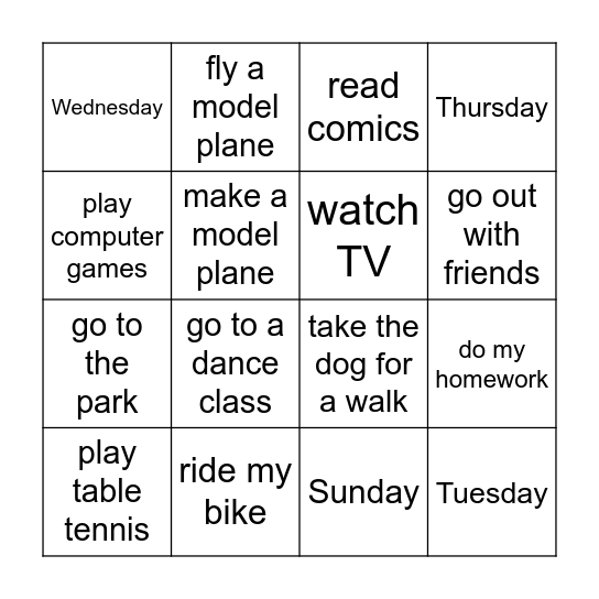 Free time activities and days Bingo Card