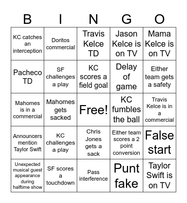 Super Bowl Bingo Card