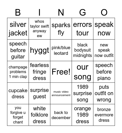 taylor swift bingo Card