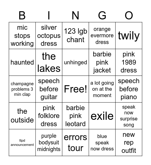 taylor swift bingo Card