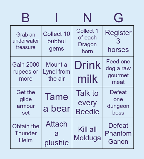 Tears of The Kingdom Bingo Card