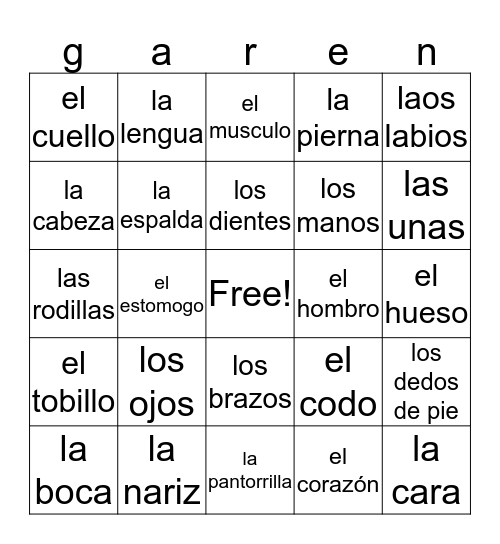 El cuerpo Bingo Card