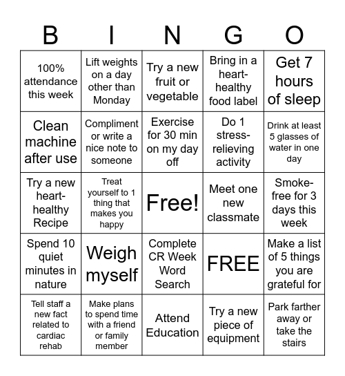 Cardiac Rehab Week Bingo Card