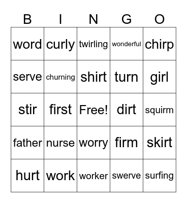 er/ur/ir/or Words Bingo Card