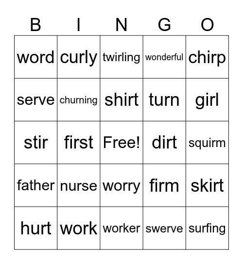 er/ur/ir/or Words Bingo Card