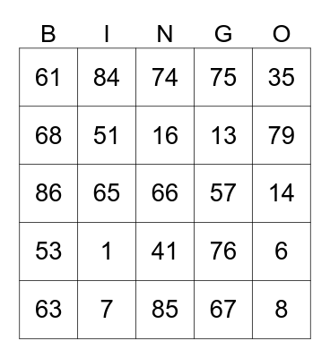 Numbers card Bingo Card