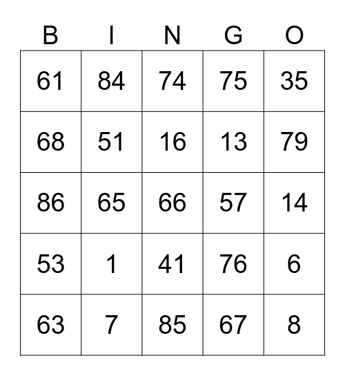 Numbers card Bingo Card