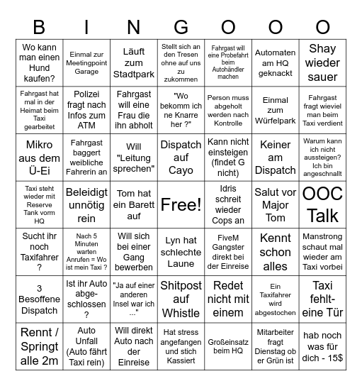 Das Taxi Bingooo Bingo Card