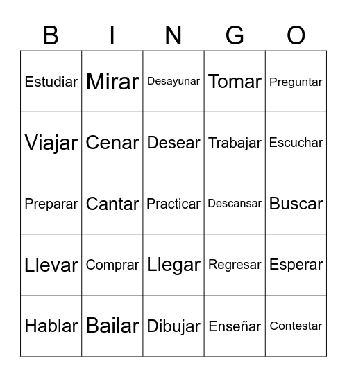 AR Verbs Spanish One Bingo Card