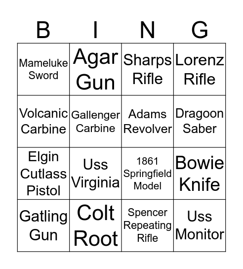 Civil War Weapons Bingo Card