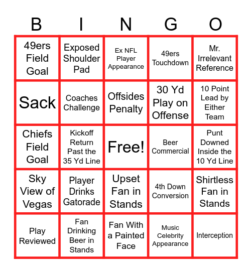 SUPER BOWL Bingo Card