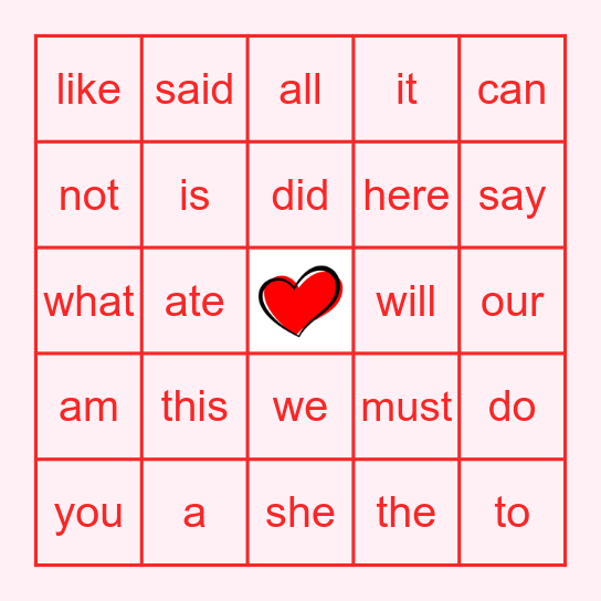 My Heart Words BINGO Card