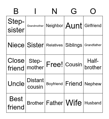 Family and Friends Bingo Card