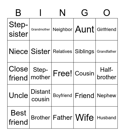 Family and Friends Bingo Card