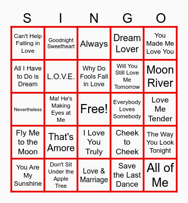 Love Songs Bingo Card